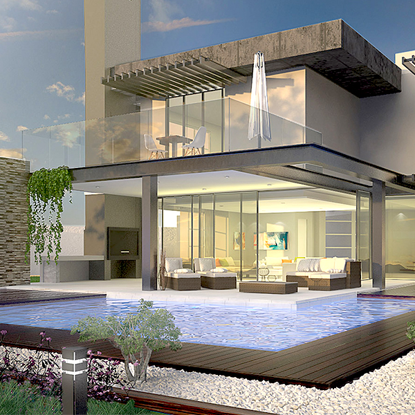 Modern Design home visualization set at dusk with pool light on