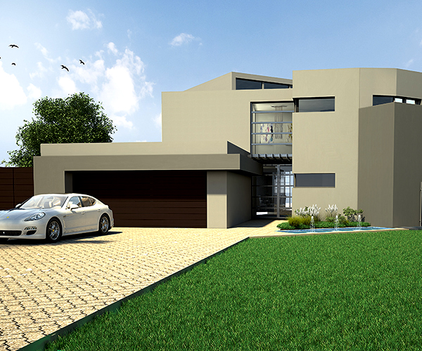 Daylight render of a modern home with a fancy car showing a garden and set to mid day